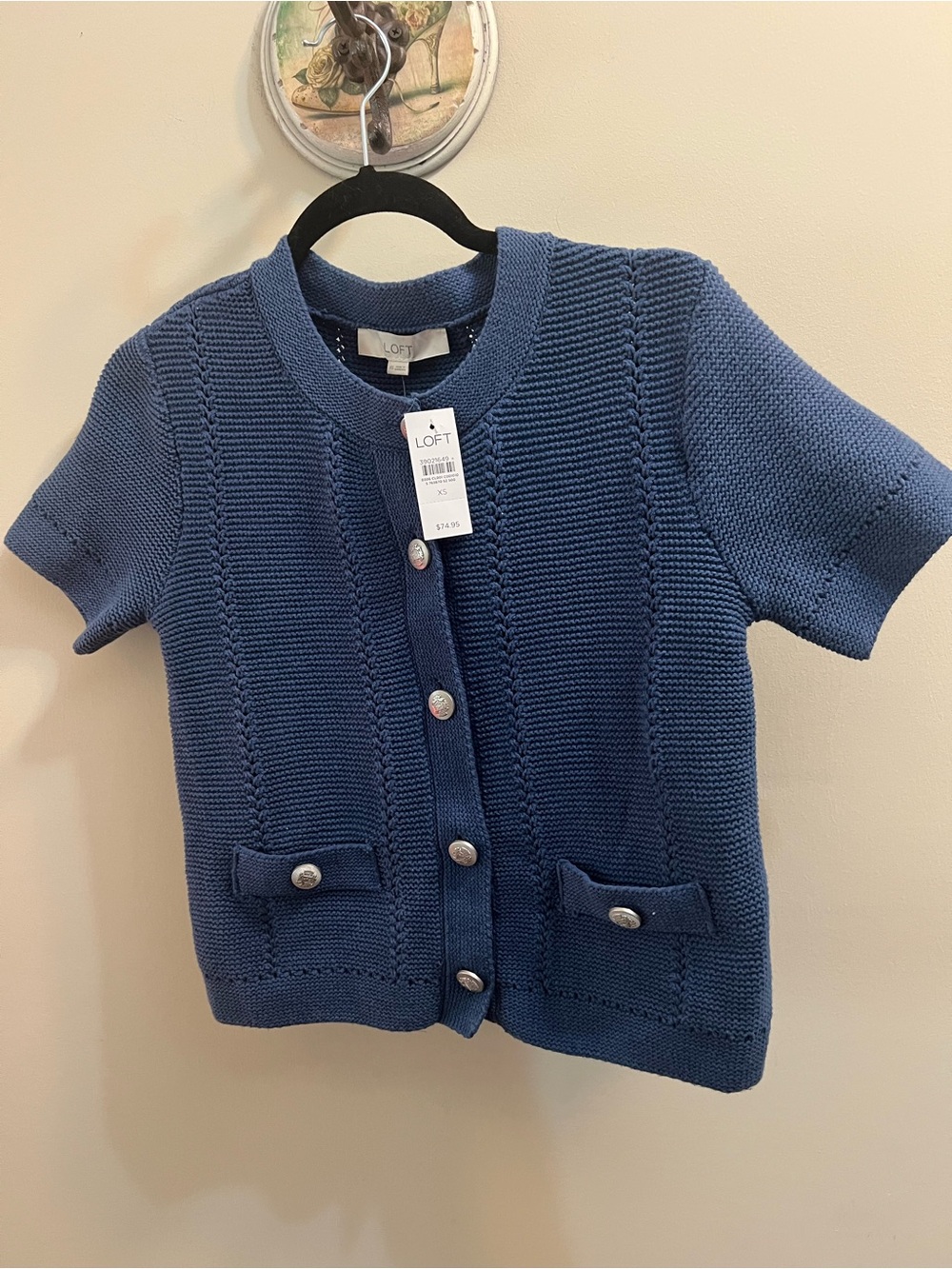 LOFT Short-Sleeve Knit / 72% Cotton Cardigan in deep blue NWT Size XS